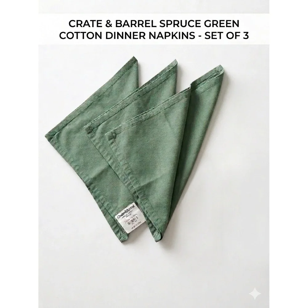 Crate & Barrel Spruce Green Cotton‎ Dinner Napkins 21x21 Square Set of 3 642-307